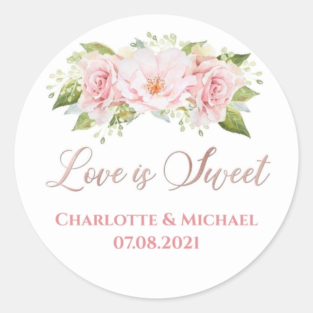 Rose Gold Wasserfarbe Blume Liebe ist Sweet Weddin Runder Aufkleber (Vorderseite)