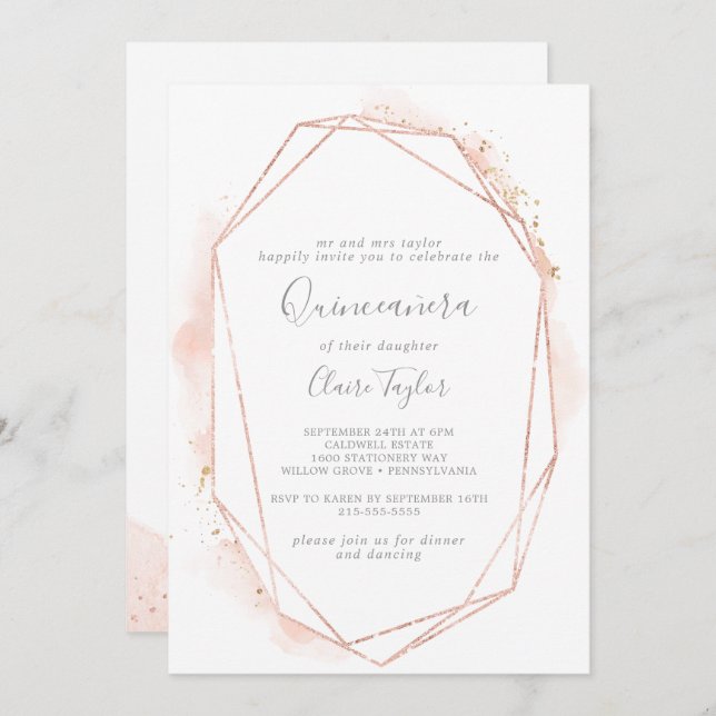 Rose Gold Wasserfarbe Geometrische Quinceñera Einladung (Vorne/Hinten)
