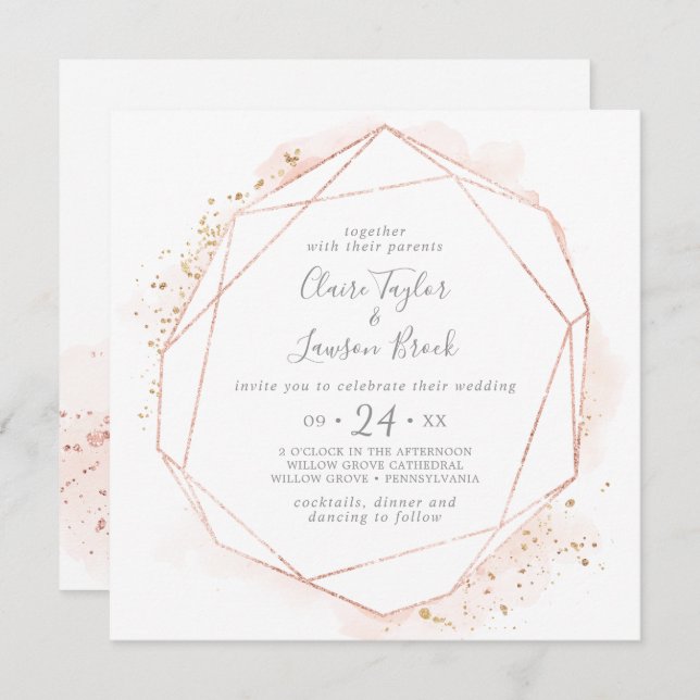 Rose Gold Wasserfarbe Geometrische Square Hochzeit Einladung (Vorne/Hinten)