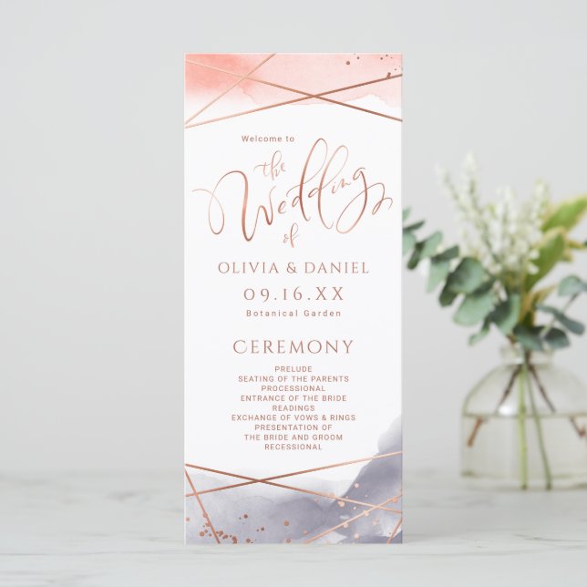 Rose Gold Wasserfarbe Geometrisches Hochzeitsprogr Menükarte (Stehend Vorderseite)