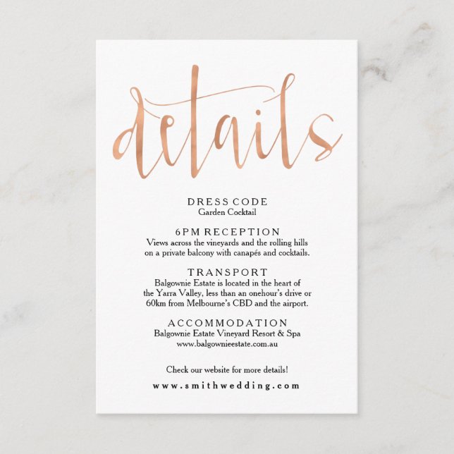 Rose Gold Wedding Details Info Card Begleitkarte (Vorderseite)