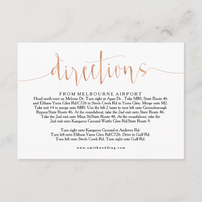 Rose Gold Wedding Directions Info Card Begleitkarte (Vorderseite)