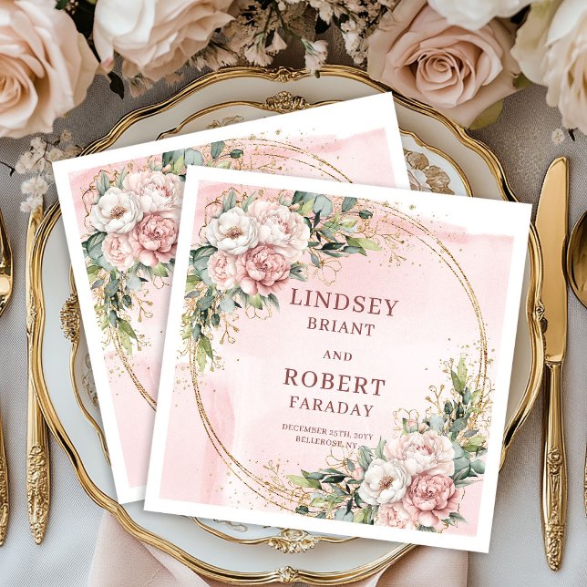 Rose Gold Wedding Floral Greenery Gold Glitter  Serviette (Rose Gold Wedding Floral Greenery Gold Glitter Napkins)