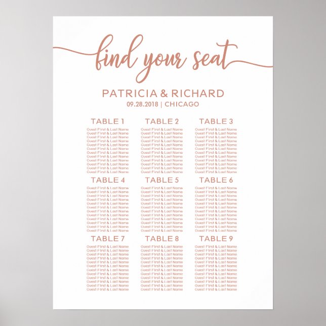 Rose Gold Wedding Seating Chart Chic Calligraphie Poster (Vorne)