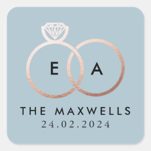 Rose Gold Wedelring Monogram Name and Date Blue Quadratischer Aufkleber