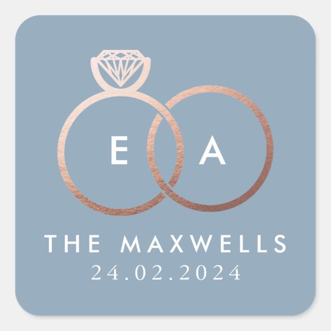 Rose Gold Wedelring Monogram Name Datum Blau Quadratischer Aufkleber (Vorderseite)