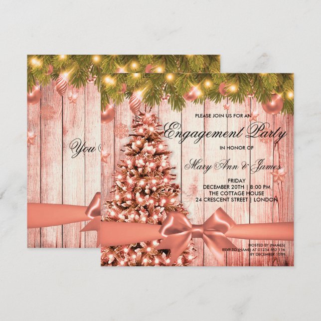 Rose Gold Weihnachts-Engagement Party Tree & Ribbo Einladung (Vorne/Hinten)
