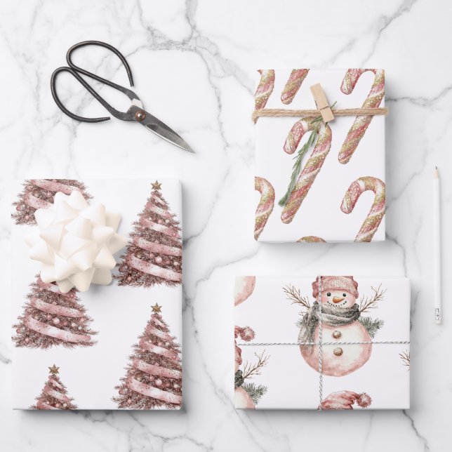Rose Gold Weihnachtsbaum Candy Canes Snowman Geschenkpapier Set (Vorderseite)
