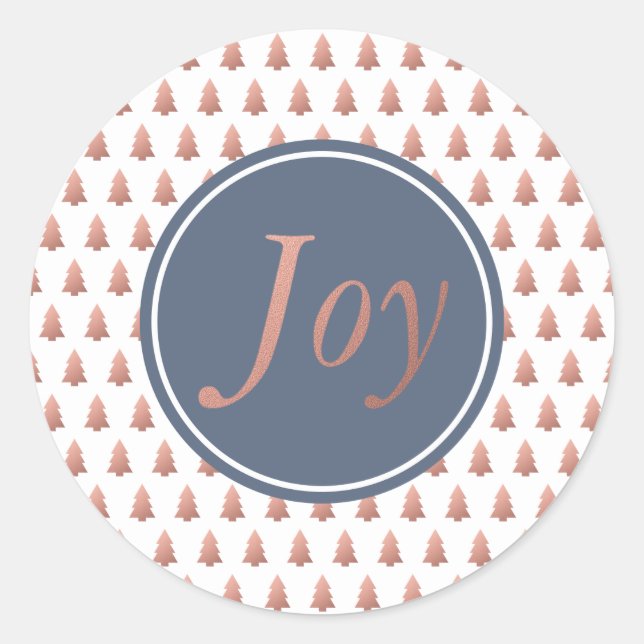 Rose Gold Weihnachtsbaum Muster Blau Runder Aufkleber (Vorderseite)
