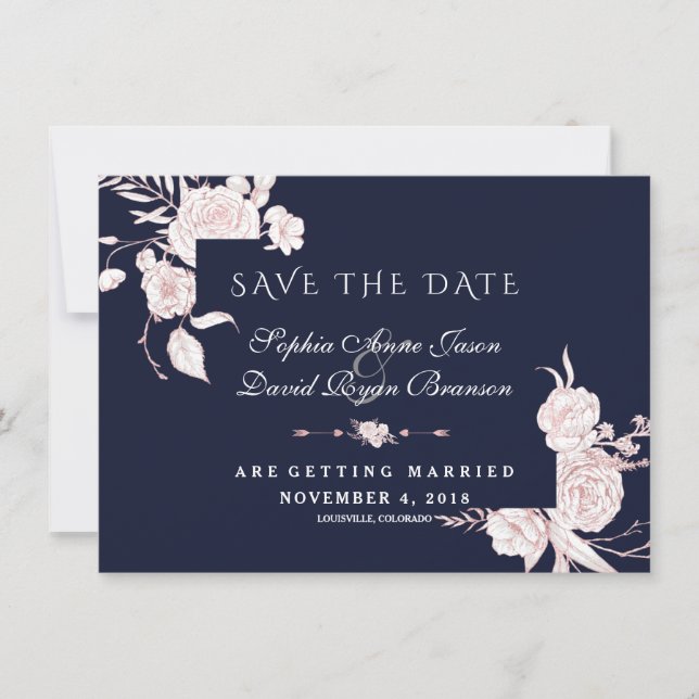 Rose Gold Weiße Blume Rahmen Hochzeit Save The Date (Vorderseite)
