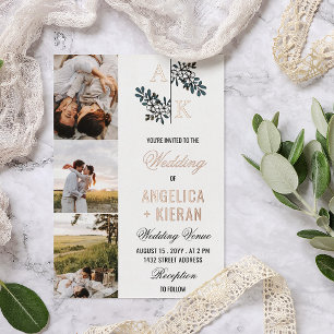 Rose Gold Weiße Florale Monogramm Fotos Hochzeit F Folieneinladung