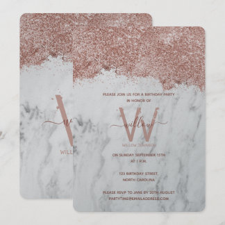 Rose Gold Weißer Marmor Glitzer jedes Jahr Geburts Einladung