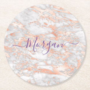 Rose Gold & Weißer Marmor, Lila Schriftname Runder Pappuntersetzer