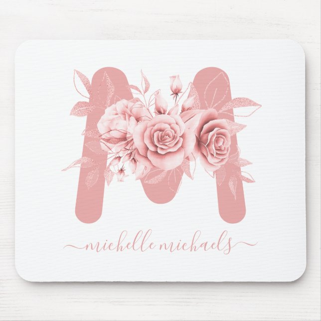 Rose Gold Weißes Blumenwasser Monogramm Mousepad (Vorne)