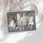 Rose Gold Whimsical Script Foto Abschluss Card Save The Date<br><div class="desc">Drei Foto Collage mit benutzerdefinierten whimsical Skript "Klasse von" in Rose Imitat Folie mit Jahr in der gleichen Farbe. Alle Informationen sind in serifenlosen serifenlosen eleganten Schriftart auf der Oberseite der Karte. Die Rückseite ist ein rosa Pink-Pollka-Punkt-Glitzer-Muster. Machen Sie schöne,  maßgeschneiderte Ankündigungen mit einfacher Anpassung.</div>