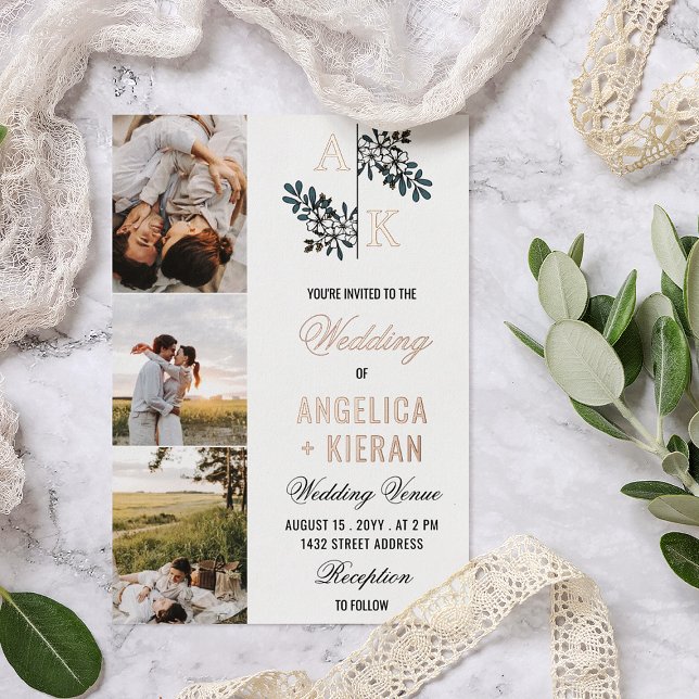 Rose Gold White Floral Monogram Fotos Wedding Foi Folieneinladung (Von Creator hochgeladen)