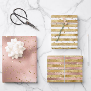 Rose Gold White Glam Glitz Streifen Geschenkpapier Set