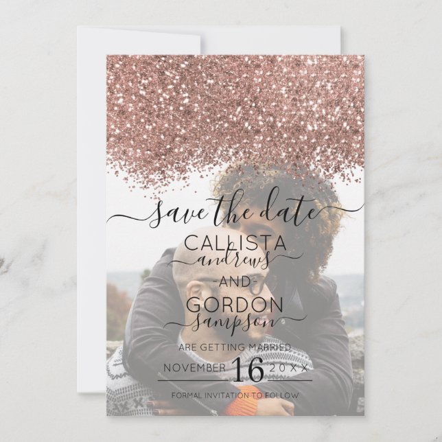 Rose Gold White Glitzer Confetti Foto Hochzeit Save The Date (Vorderseite)
