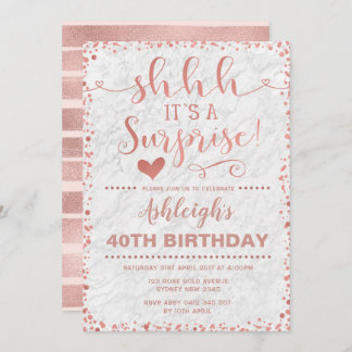 Rose Gold & White Marmor Überraschung Geburtstagsp Einladung