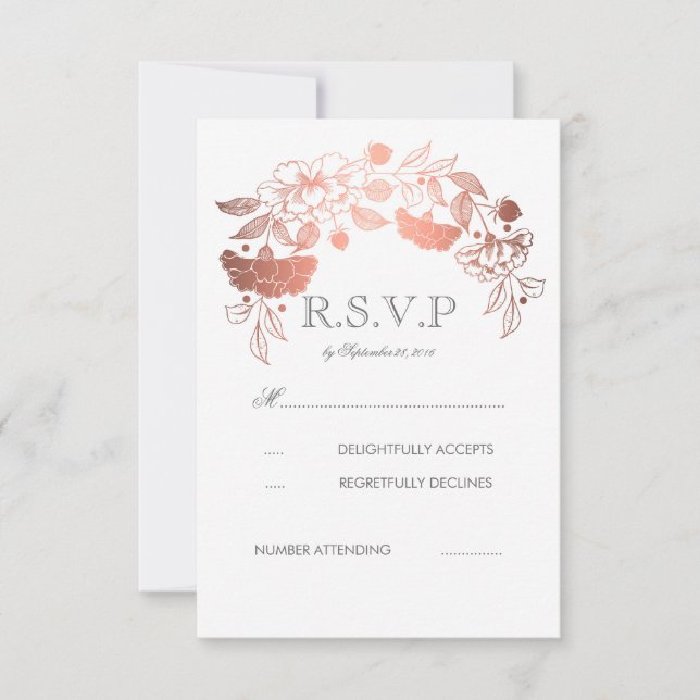 Rose Gold White Peonies Laurel Wedding RSVP Cards (Vorderseite)
