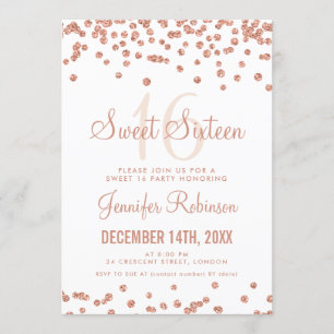 Rose Gold White Sweet 16 Geburtstag Glitzer Confet Einladung