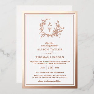 Rose Gold Wildblume Wappen Monogram Wedding Real Folieneinladung