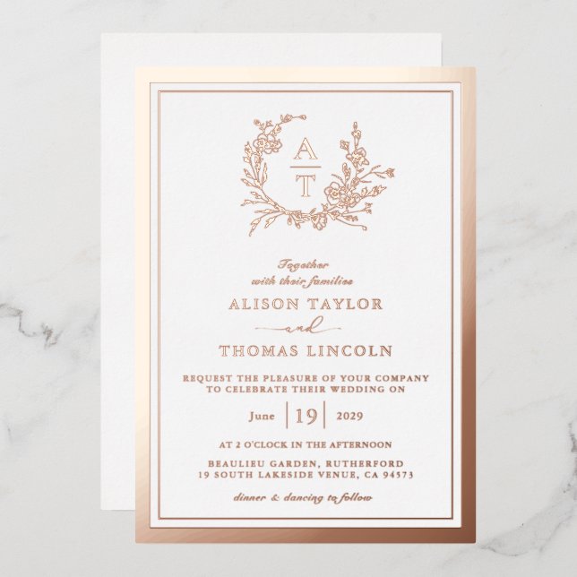 Rose Gold Wildblume Wappen Monogram Wedding Real Folieneinladung (Vorderseite/Rückseite)