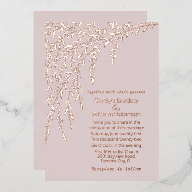 Rose Gold Willows Blush Wedding Foil Einladung (Vorderseite/Rückseite)