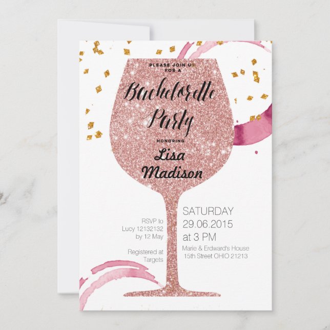 Rose Gold Wine Bachelorette Party Einladung (Vorderseite)