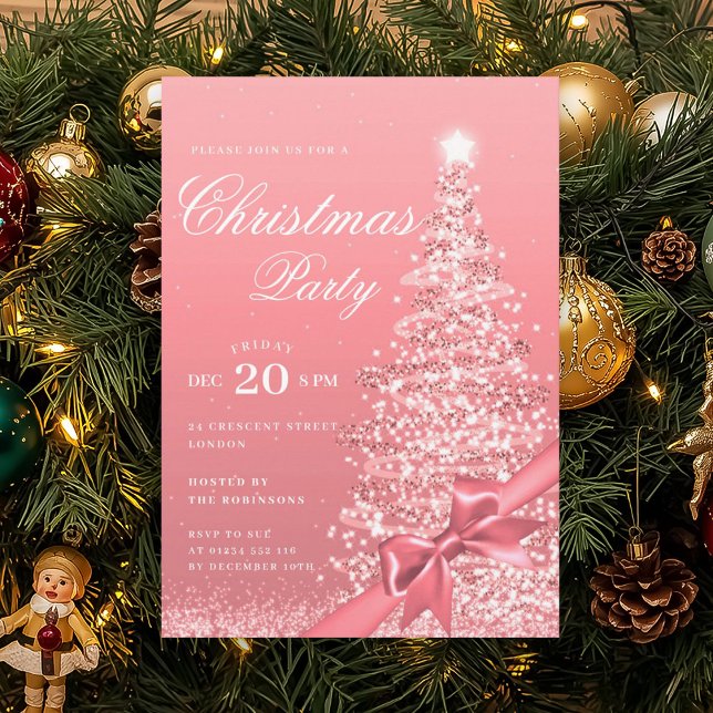 Rose Gold Winter Christmas Tree Bow Holiday  Einladung (Rose Gold Winter Christmas Tree Bow Holiday Invitation)