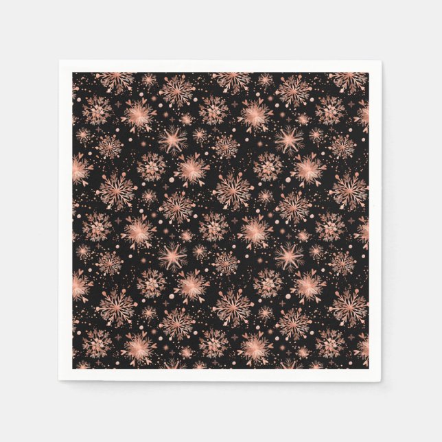Rose Gold Winterschneeflocken auf Schwarz Serviette (Vorderseite)