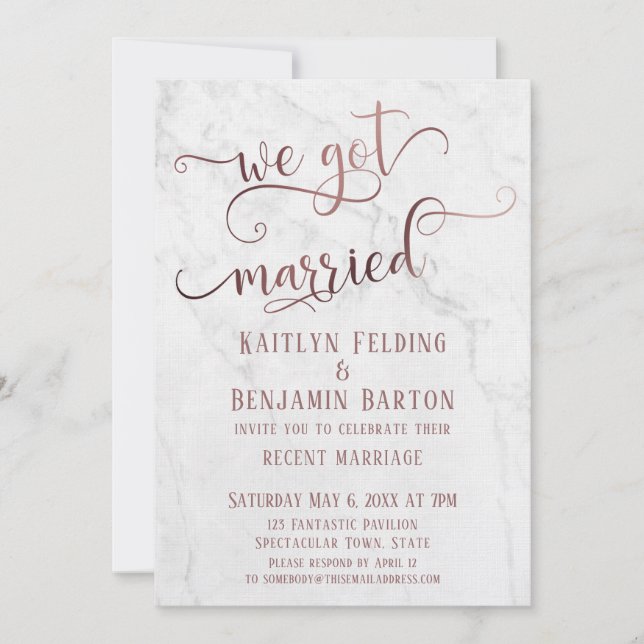 Rose Gold "Wir Got Verheiratet" Typografie mit Mar Einladung (Vorderseite)