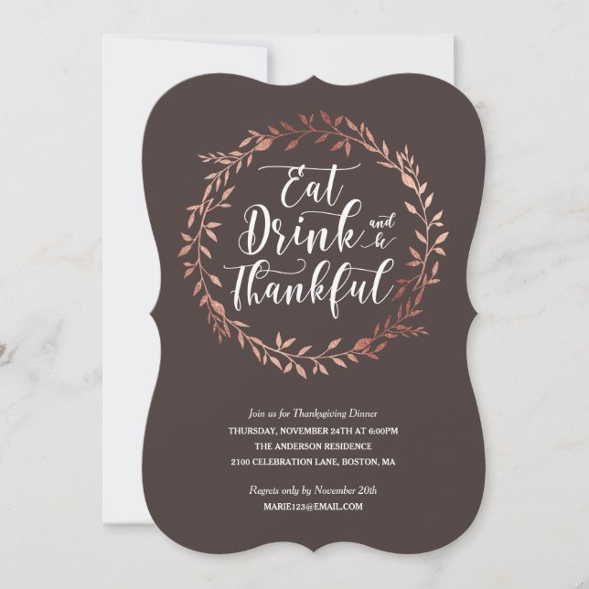 Rose Gold Wreath Erntedank Abendessen Einladung (Vorderseite)