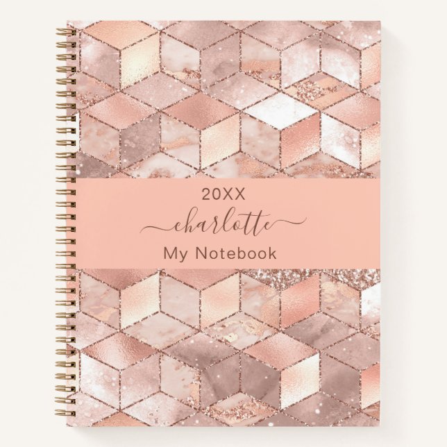 Rose Gold Würfel Marmorname Glitzer Skript Notizbuch (Vorderseite)