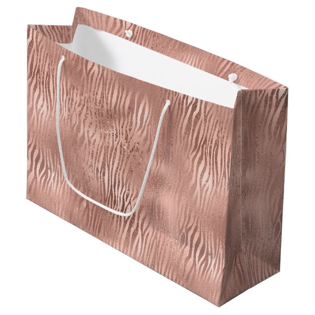 Rose Gold Zebra Print Große Geschenktüte (Vorderseite Schrägansicht)