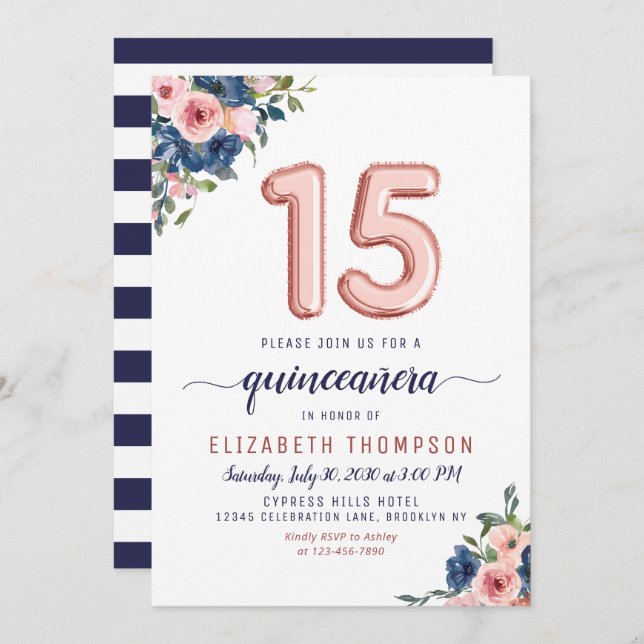 Rose-Goldballons Quinceañera Einladung (Vorne/Hinten)