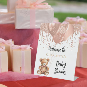 Rose Goldballons Teddy Bär Babydusche Empfang Sockelschild