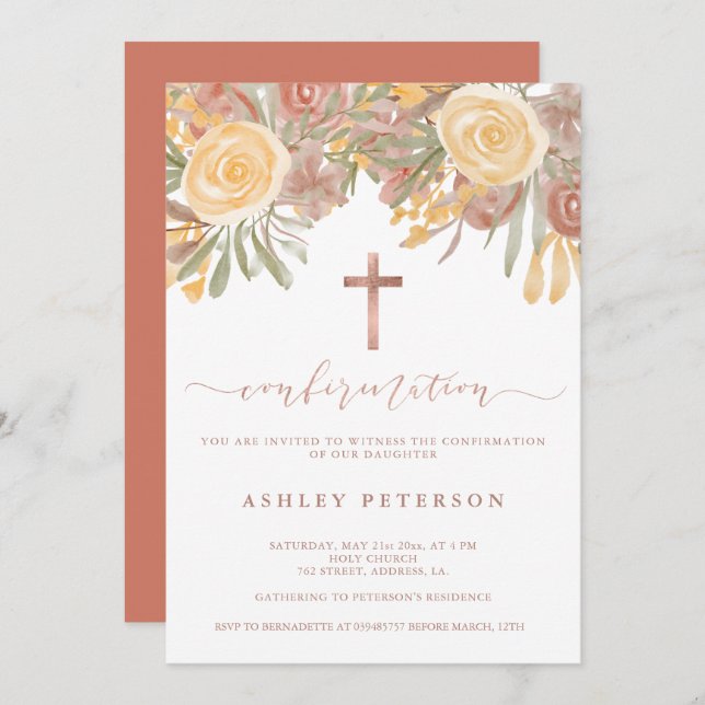 Rose Goldbarren Terrakotta Grüne Bestätigung Einladung (Vorne/Hinten)