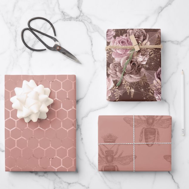Rose Goldbienen und Blütenblumen Geschenkpapier Set (Vorderseite)