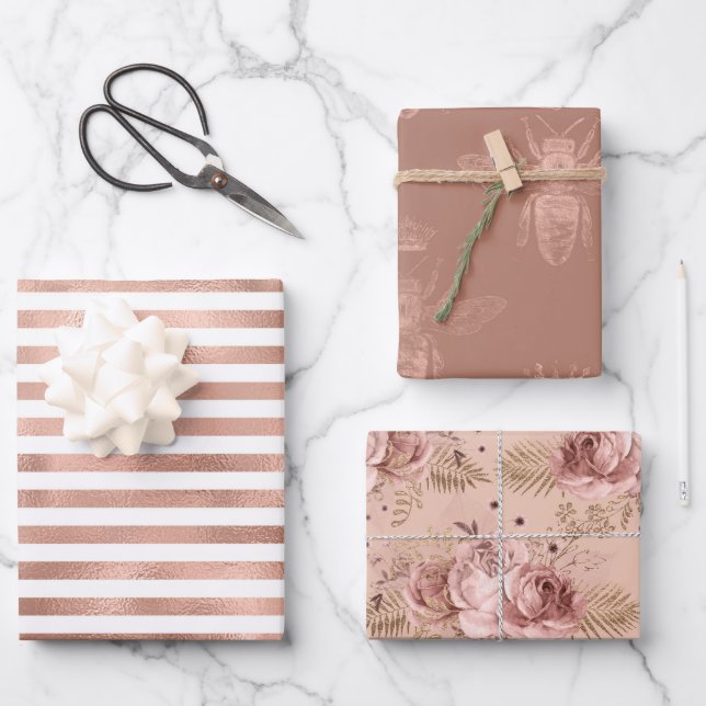 Rose Goldbienen und Blütenblumen Geschenkpapier Set (Vorderseite)