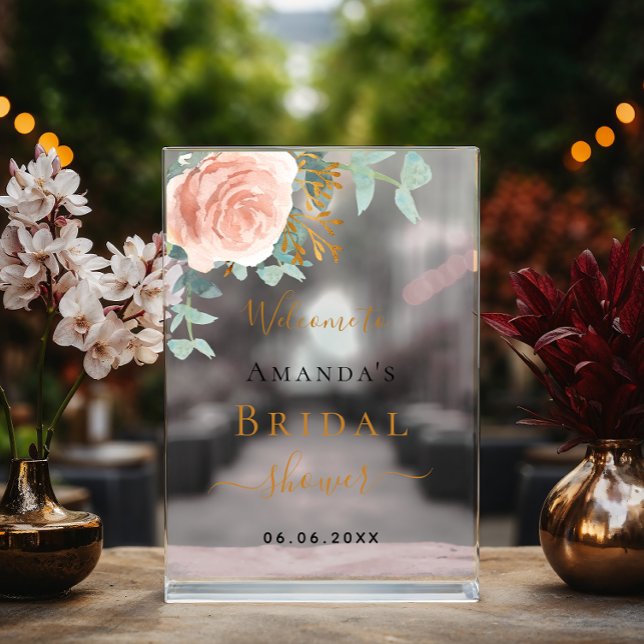 Rose Goldblume Eukalyptus Brautparty Empfang Acrylschild (Von Creator hochgeladen)