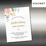 Rose Goldblume Eukalyptus-Luxus Magneteinladung<br><div class="desc">Eine elegante Megnetic-Card-Einladung für eine 40. Geburtstagsparty (oder jedes Alter). Ein schick weißer Hintergrund. Dekoriert mit einer Rose Gold und rot rosa Rose Blume, florale, grüne Eukalyptus Blätter, Sprigs, Grün und ein Imitat Gold Sprig. Personalisieren und Name und Party Details. Schwarze und goldene Buchstaben. Der Name ist mit einem modernen...</div>
