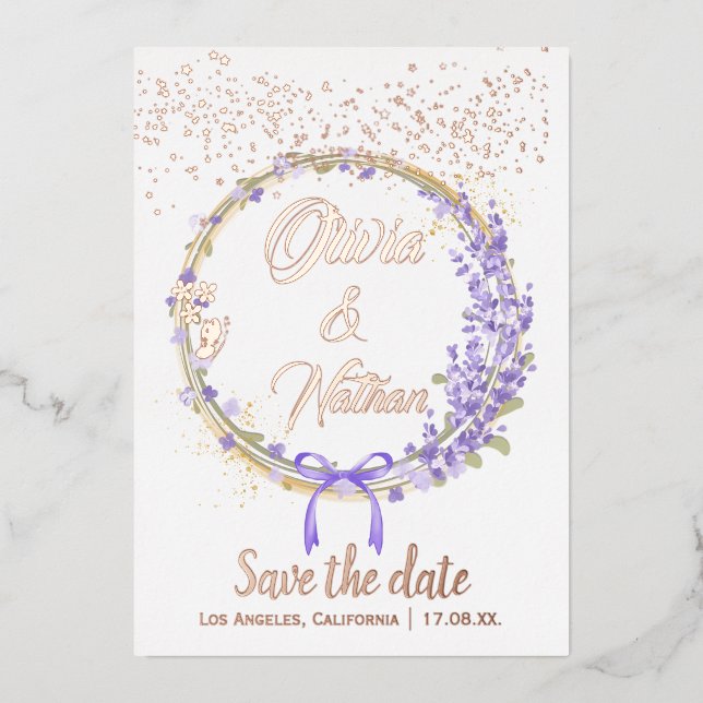 Rose Goldblumenkalligraphie Save the Date Folieneinladung (Vorderseite)