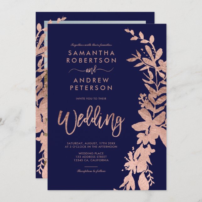Rose Goldblumenreath Kirchenschiff Blaue Hochzeit Einladung (Vorne/Hinten)