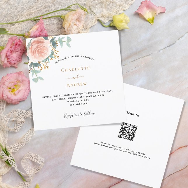 Rose Goldblütengrün QR UAWG details Hochzeit Einladung (Von Creator hochgeladen)