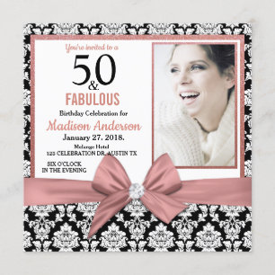 Rose Goldbogen schwarzer Damast 50. Geburtstag Fot Einladung