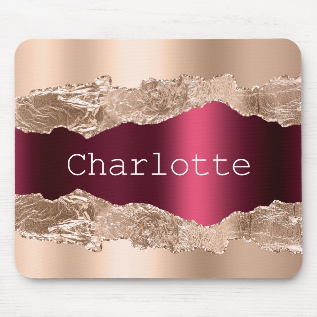 Rose goldbordeauxfarbenes Edelmetall Marmorname Mousepad (Vorne)