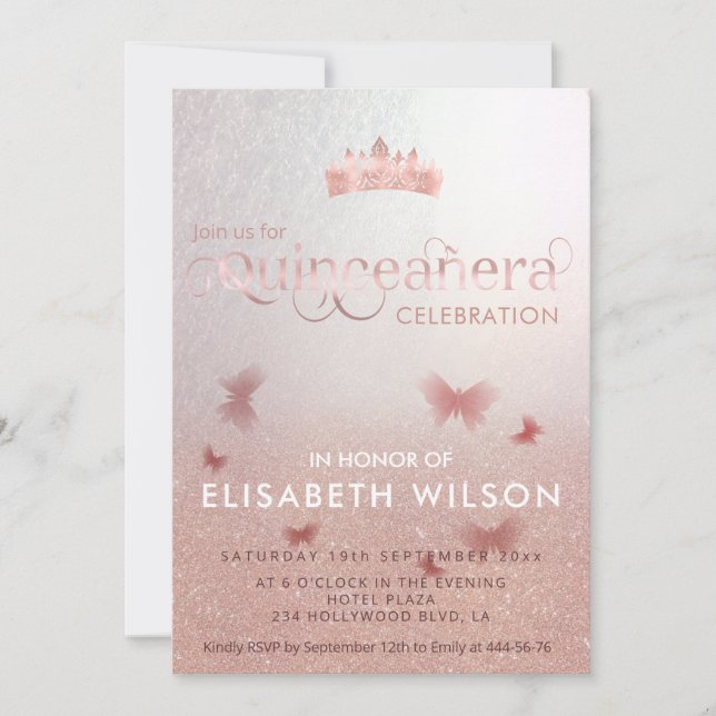 Rose Goldbutterfly tiara Quinceañera Invit Einladung (Vorderseite)