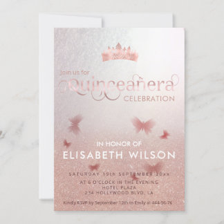 Rose Goldbutterfly tiara Quinceañera Invit Einladung