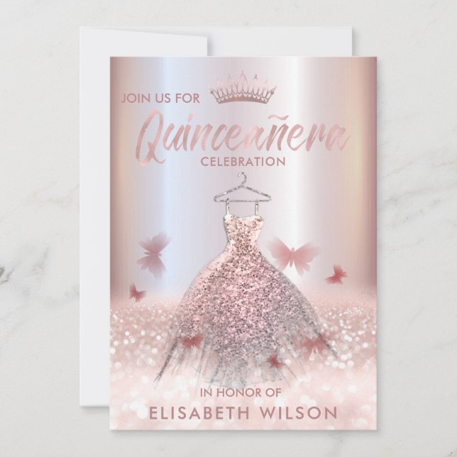 Rose Goldbutterfly tiara Quinceañera Invit Einladung (Vorderseite)